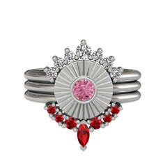 Swarovski, pembe kuvars ve garnet 8 ayar beyaz altın yüzük