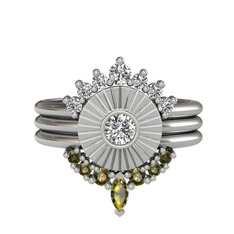 Beyaz zirkon, swarovski ve peridot 14 ayar beyaz altın yüzük