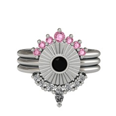 Pembe kuvars, siyah zirkon ve swarovski 18 ayar beyaz altın yüzük