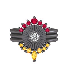Minimal Tria Cora Yüzük - Rodolit garnet, swarovski ve sitrin 925 ayar siyah rodyum kaplama gümüş yüzük #592xdr