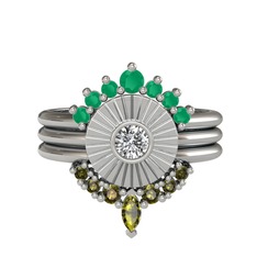 Minimal Tria Cora Yüzük - Kök zümrüt, beyaz zirkon ve peridot 14 ayar beyaz altın yüzük #596w7d