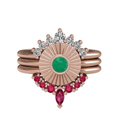 Minimal Tria Cora Yüzük - Beyaz zirkon, kök zümrüt ve rodolit garnet 18 ayar rose altın yüzük #59wklb