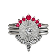 Minimal Tria Cora Yüzük - Rodolit garnet ve swarovski 18 ayar beyaz altın yüzük #5ajta8