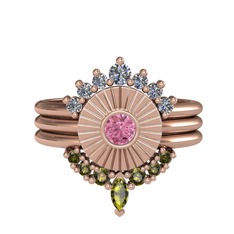 Minimal Tria Cora Yüzük - Pırlanta, pembe kuvars ve peridot 14 ayar rose altın yüzük (0.42 karat) #5nhu4p