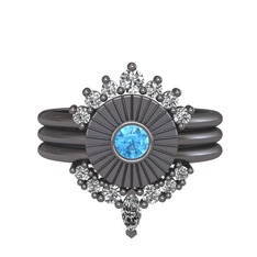 Beyaz zirkon, akuamarin ve swarovski 925 ayar siyah rodyum kaplama gümüş yüzük