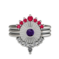 Rodolit garnet, ametist ve beyaz zirkon 8 ayar beyaz altın yüzük