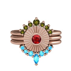 Minimal Tria Cora Yüzük - Peridot, garnet ve akuamarin 14 ayar rose altın yüzük #67kd4u