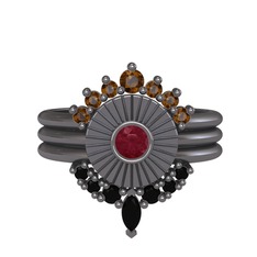 Minimal Tria Cora Yüzük - Dumanlı kuvars, kök yakut ve siyah zirkon 925 ayar siyah rodyum kaplama gümüş yüzük #690rjq