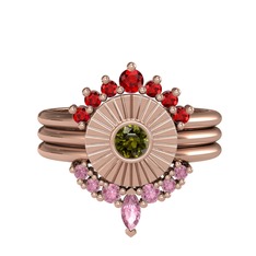 Minimal Tria Cora Yüzük - Garnet, peridot ve pembe kuvars 8 ayar rose altın yüzük #69o9s8