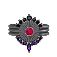 Minimal Tria Cora Yüzük - Siyah zirkon, rodolit garnet ve ametist 925 ayar siyah rodyum kaplama gümüş yüzük #6e6cow