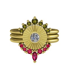 Minimal Tria Cora Yüzük - Peridot, pırlanta ve rodolit garnet 925 ayar altın kaplama gümüş yüzük (0.16 karat) #6j3ags