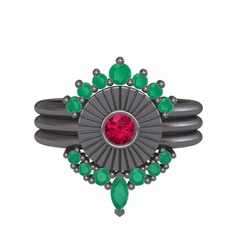 Minimal Tria Cora Yüzük - Kök zümrüt ve rodolit garnet 925 ayar siyah rodyum kaplama gümüş yüzük #6lb5zx