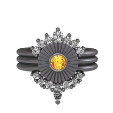 Minimal Tria Cora Yüzük - Swarovski, sitrin ve beyaz zirkon 925 ayar siyah rodyum kaplama gümüş yüzük #6majfd