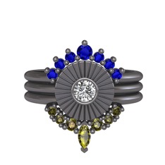 Minimal Tria Cora Yüzük - Lab safir, swarovski ve peridot 925 ayar siyah rodyum kaplama gümüş yüzük #71lkq4