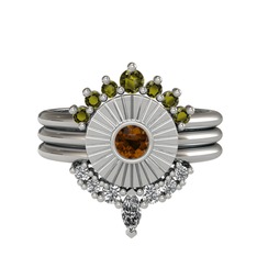 Minimal Tria Cora Yüzük - Peridot, dumanlı kuvars ve swarovski 18 ayar beyaz altın yüzük #77ekny