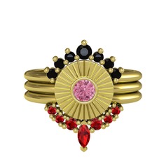 Minimal Tria Cora Yüzük - Siyah zirkon, pembe kuvars ve garnet 18 ayar altın yüzük #7dodic