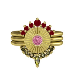 Minimal Tria Cora Yüzük - Kök yakut, pembe kuvars ve peridot 14 ayar altın yüzük #7hurk0