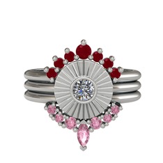 Minimal Tria Cora Yüzük - Kök yakut, pırlanta ve pembe kuvars 14 ayar beyaz altın yüzük (0.16 karat) #7j7ox3