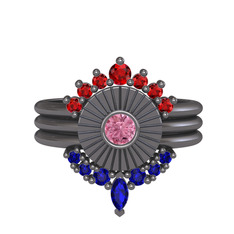 Minimal Tria Cora Yüzük - Garnet, pembe kuvars ve lab safir 925 ayar siyah rodyum kaplama gümüş yüzük #7s8qid