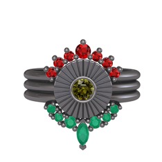 Minimal Tria Cora Yüzük - Garnet, peridot ve kök zümrüt 925 ayar siyah rodyum kaplama gümüş yüzük #83b0g3