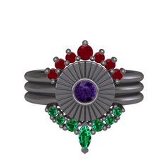 Kök yakut, ametist ve yeşil kuvars 925 ayar siyah rodyum kaplama gümüş yüzük