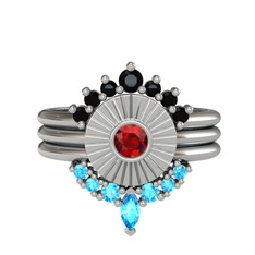Siyah zirkon, garnet ve akuamarin 18 ayar beyaz altın yüzük