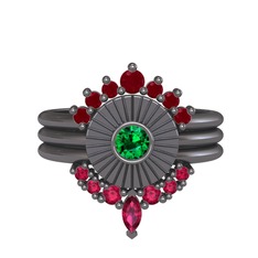 Minimal Tria Cora Yüzük - Kök yakut, yeşil kuvars ve rodolit garnet 925 ayar siyah rodyum kaplama gümüş yüzük #8gyco