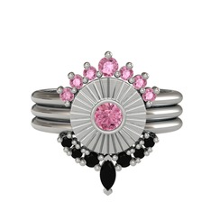 Minimal Tria Cora Yüzük - Pembe kuvars ve siyah zirkon 14 ayar beyaz altın yüzük #8l2opn