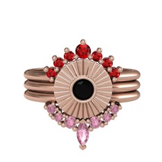 Garnet, siyah zirkon ve pembe kuvars 8 ayar rose altın yüzük