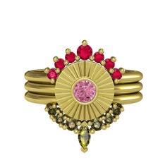 Minimal Tria Cora Yüzük - Rodolit garnet, pembe kuvars ve peridot 18 ayar altın yüzük #8qyajn