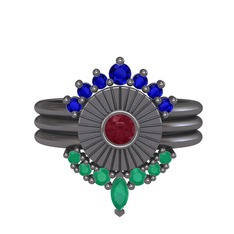 Minimal Tria Cora Yüzük - Lab safir, kök yakut ve kök zümrüt 925 ayar siyah rodyum kaplama gümüş yüzük #8xxv25