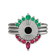 Minimal Tria Cora Yüzük - Kök zümrüt, siyah zirkon ve rodolit garnet 925 ayar gümüş yüzük #949n8x