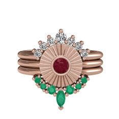 Minimal Tria Cora Yüzük - Swarovski, kök yakut ve kök zümrüt 8 ayar rose altın yüzük #974rnv