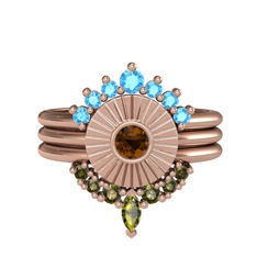 Akuamarin, dumanlı kuvars ve peridot 14 ayar rose altın yüzük