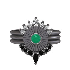 Minimal Tria Cora Yüzük - Swarovski, kök zümrüt ve siyah zirkon 925 ayar siyah rodyum kaplama gümüş yüzük #9folju