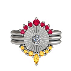 Minimal Tria Cora Yüzük - Rodolit garnet, pırlanta ve sitrin 8 ayar beyaz altın yüzük (0.16 karat) #9hzb1s