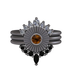 Minimal Tria Cora Yüzük - Pırlanta, dumanlı kuvars ve siyah zirkon 925 ayar siyah rodyum kaplama gümüş yüzük (0.42 karat) #9srfga