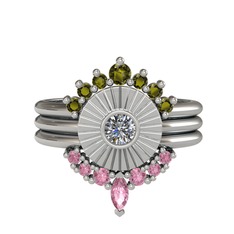 Minimal Tria Cora Yüzük - Peridot, pırlanta ve pembe kuvars 8 ayar beyaz altın yüzük (0.16 karat) #a438sr