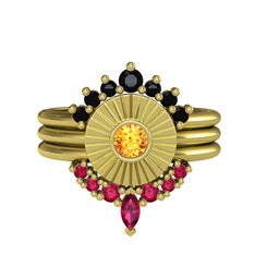 Minimal Tria Cora Yüzük - Siyah zirkon, sitrin ve rodolit garnet 8 ayar altın yüzük #a7u5zb