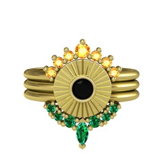 Minimal Tria Cora Yüzük - Sitrin, siyah zirkon ve yeşil kuvars 8 ayar altın yüzük #altwd9