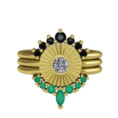 Siyah zirkon, pırlanta ve kök zümrüt 18 ayar altın yüzük (0.16 karat)