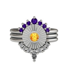 Minimal Tria Cora Yüzük - Ametist, sitrin ve beyaz zirkon 14 ayar beyaz altın yüzük #auuvgz