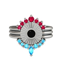 Minimal Tria Cora Yüzük - Rodolit garnet, siyah zirkon ve akuamarin 8 ayar beyaz altın yüzük #azckb3