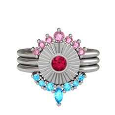 Minimal Tria Cora Yüzük - Pembe kuvars, rodolit garnet ve akuamarin 8 ayar beyaz altın yüzük #b7l33p