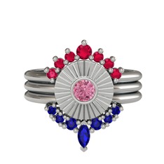 Minimal Tria Cora Yüzük - Rodolit garnet, pembe kuvars ve lab safir 8 ayar beyaz altın yüzük #ban5c2