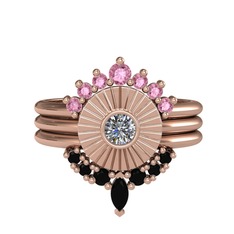 Minimal Tria Cora Yüzük - Pembe kuvars, pırlanta ve siyah zirkon 8 ayar rose altın yüzük (0.16 karat) #bkj15i