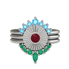 Minimal Tria Cora Yüzük - Akuamarin, kök yakut ve kök zümrüt 18 ayar beyaz altın yüzük #bo71hg