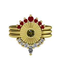 Minimal Tria Cora Yüzük - Kök yakut, peridot ve beyaz zirkon 8 ayar altın yüzük #bv0crp