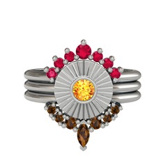 Minimal Tria Cora Yüzük - Rodolit garnet, sitrin ve dumanlı kuvars 18 ayar beyaz altın yüzük #bv7fi6