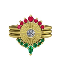 Minimal Tria Cora Yüzük - Rodolit garnet, pırlanta ve yeşil kuvars 18 ayar altın yüzük (0.16 karat) #c3gule